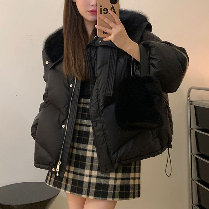 Oříškově hnědá kožešinová péřová bunda